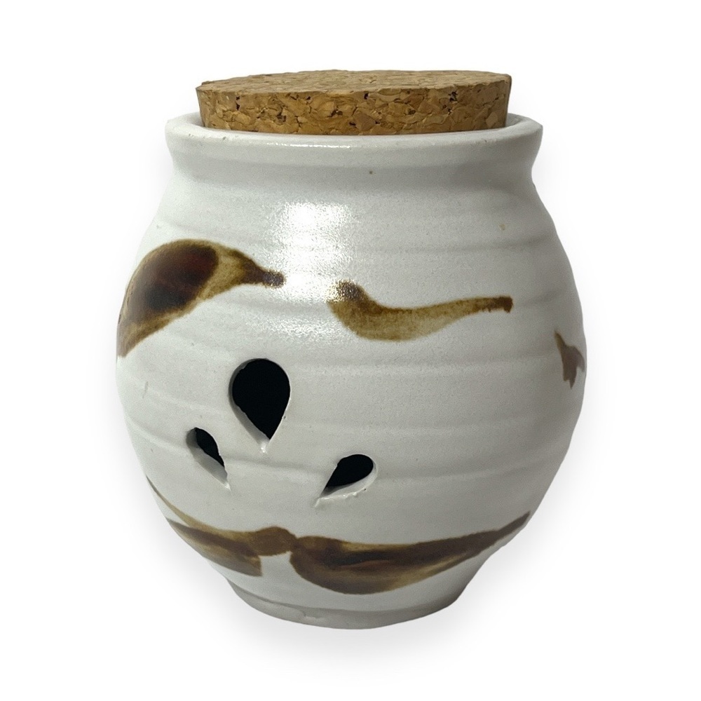 Handmade Stoneware Garlic Keeper White Brown Pottery Glaze Artist‎ Signed Lid